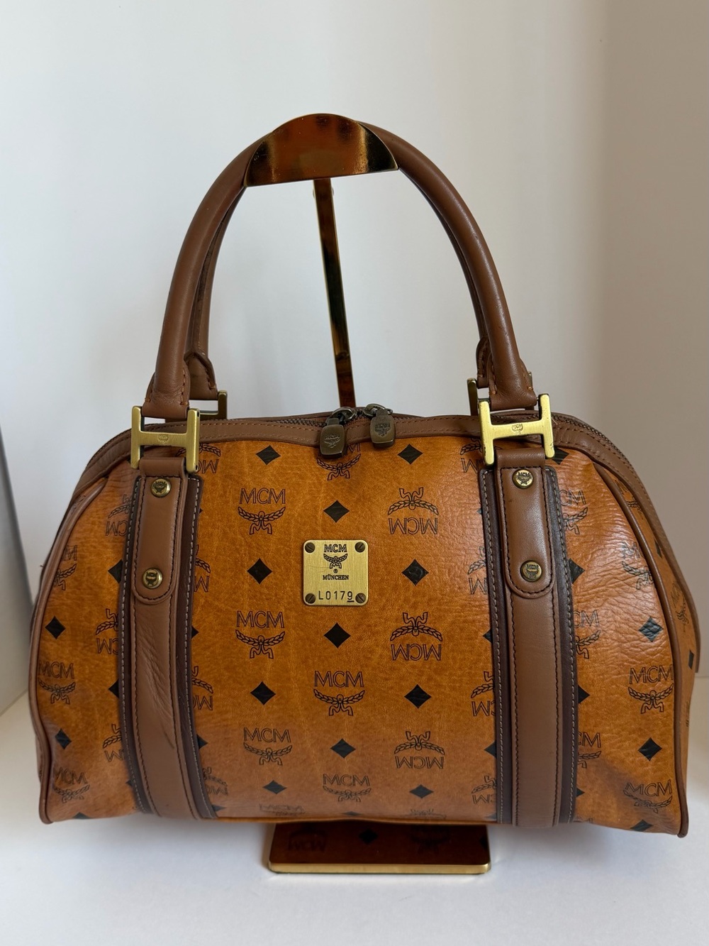 MCM Cognac Monogram Boston Satchel with Brown Trim